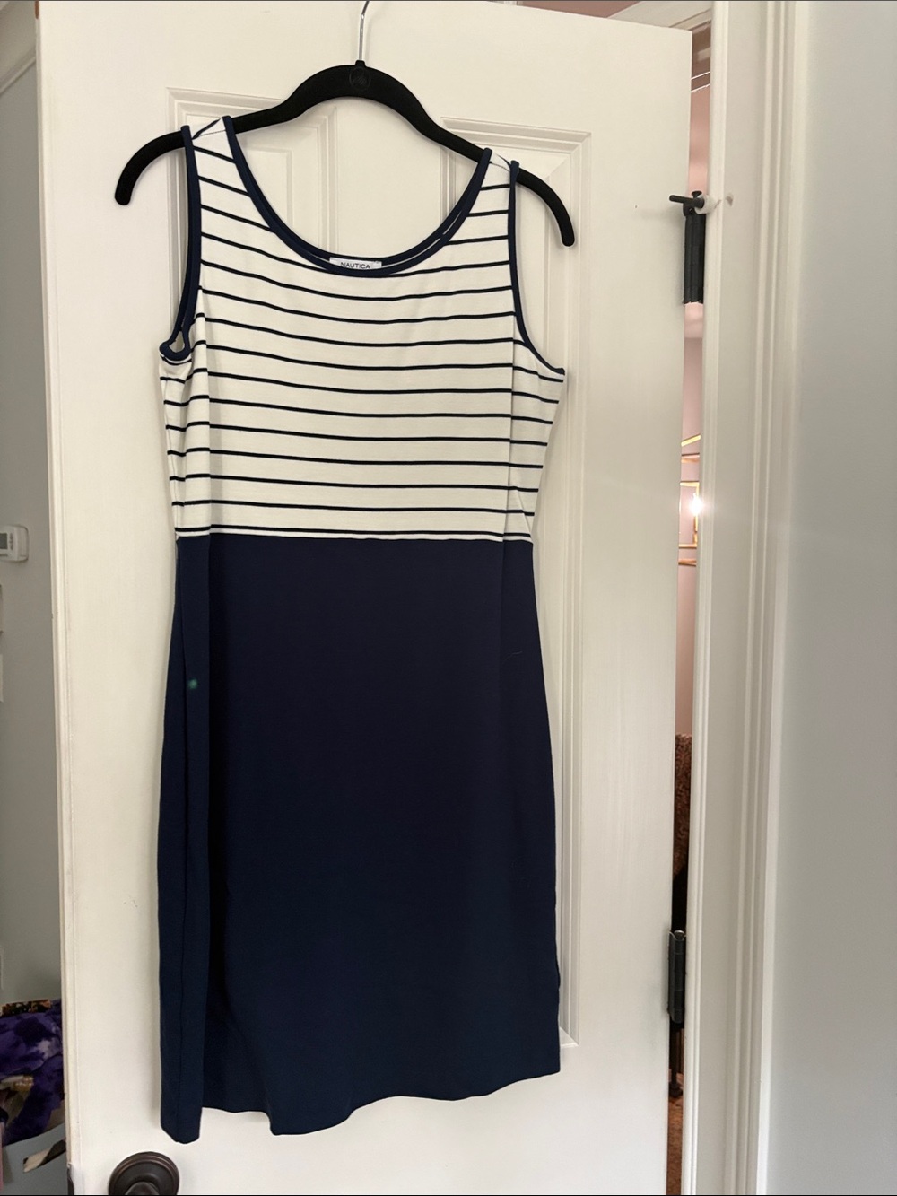 Nautica Navy and White Striped Sleeveless Midi Dress